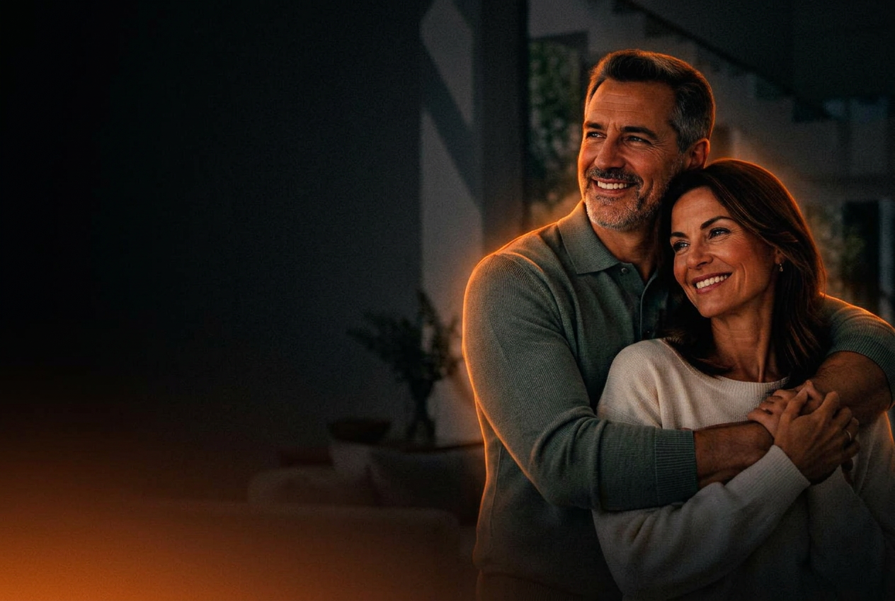 Casal sorrindo em casa